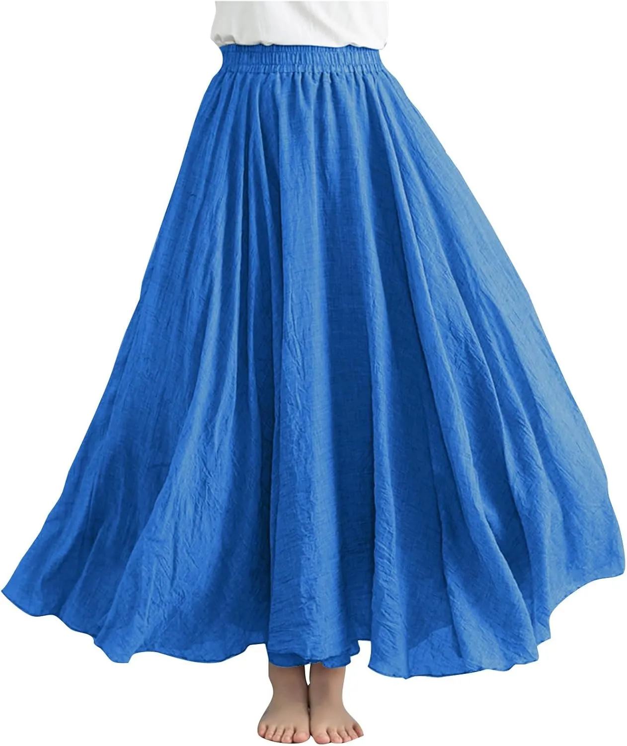Women Bohemian Beach A-Line Dress Elastic High Waist Maxi Linen Skirt Summer Casual Boho Swing Flowy Long Skirts