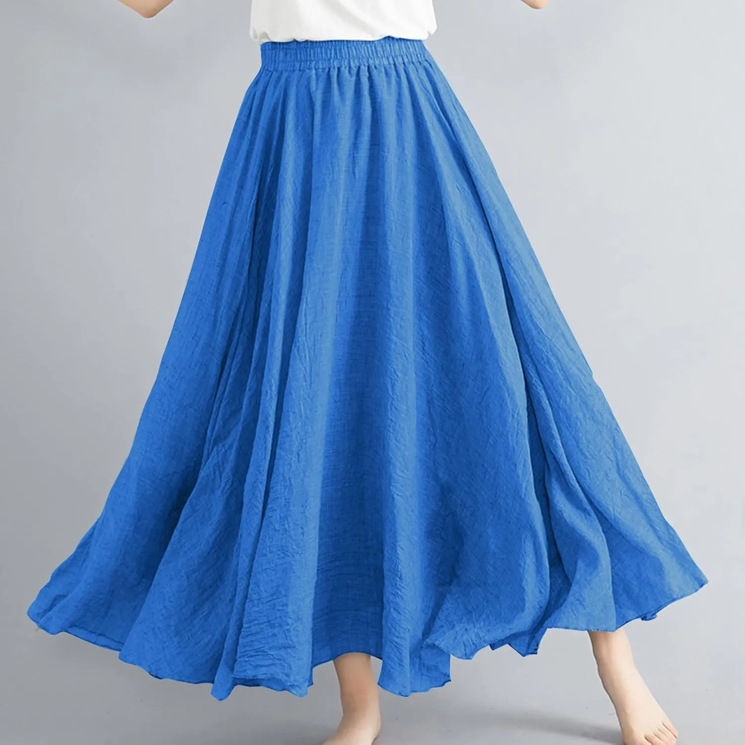 Women Bohemian Beach A-Line Dress Elastic High Waist Maxi Linen Skirt Summer Casual Boho Swing Flowy Long Skirts