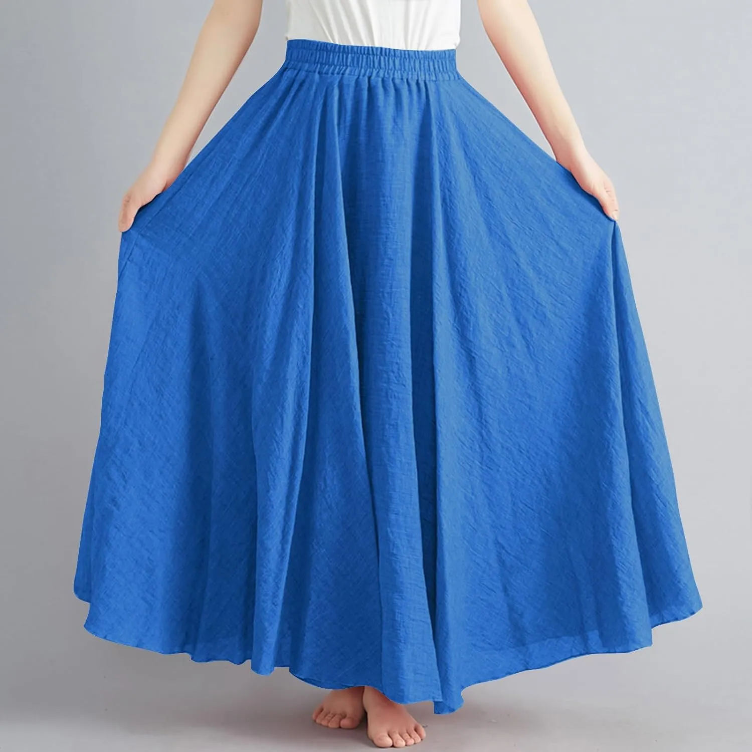 Women Bohemian Beach A-Line Dress Elastic High Waist Maxi Linen Skirt Summer Casual Boho Swing Flowy Long Skirts