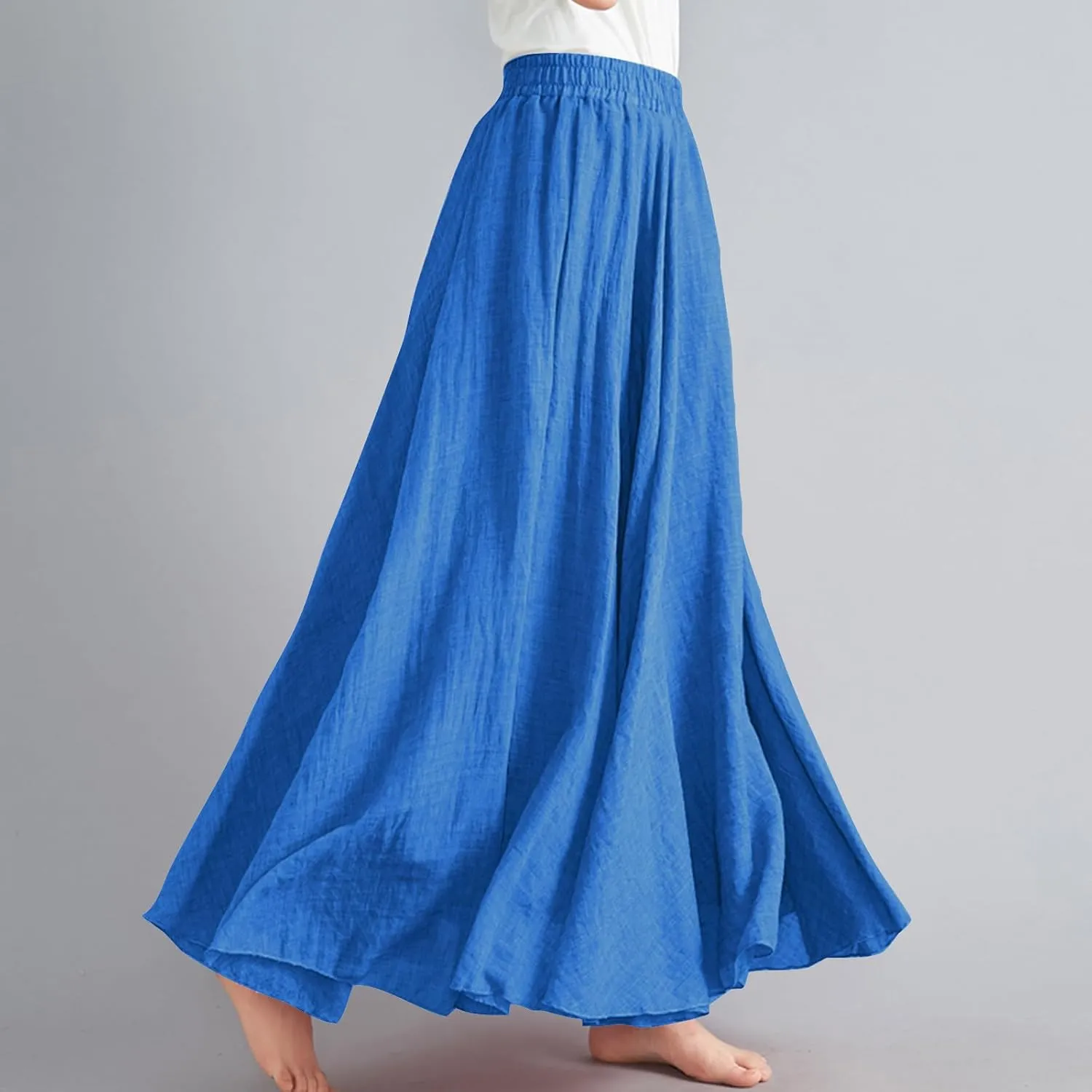 Women Bohemian Beach A-Line Dress Elastic High Waist Maxi Linen Skirt Summer Casual Boho Swing Flowy Long Skirts
