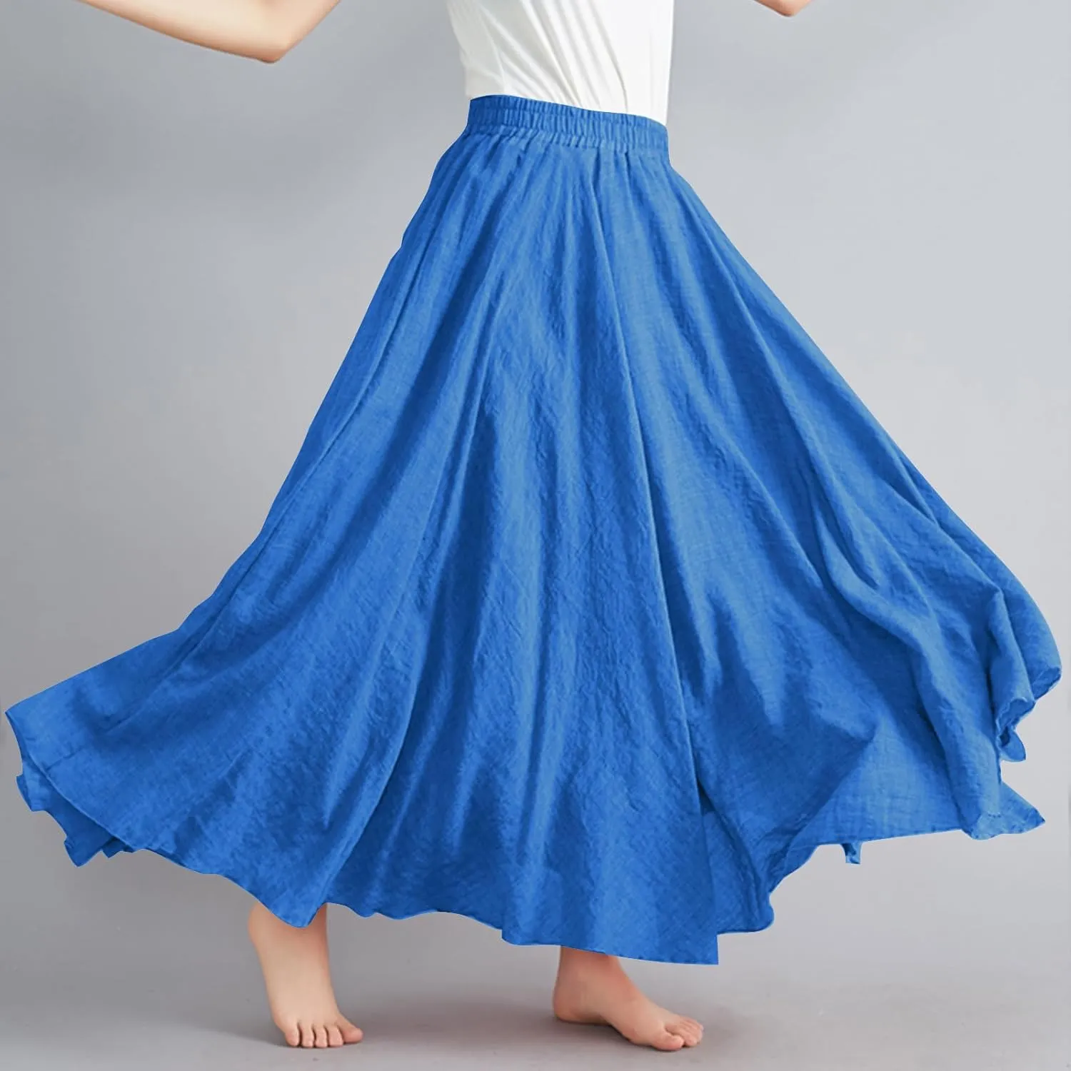 Women Bohemian Beach A-Line Dress Elastic High Waist Maxi Linen Skirt Summer Casual Boho Swing Flowy Long Skirts