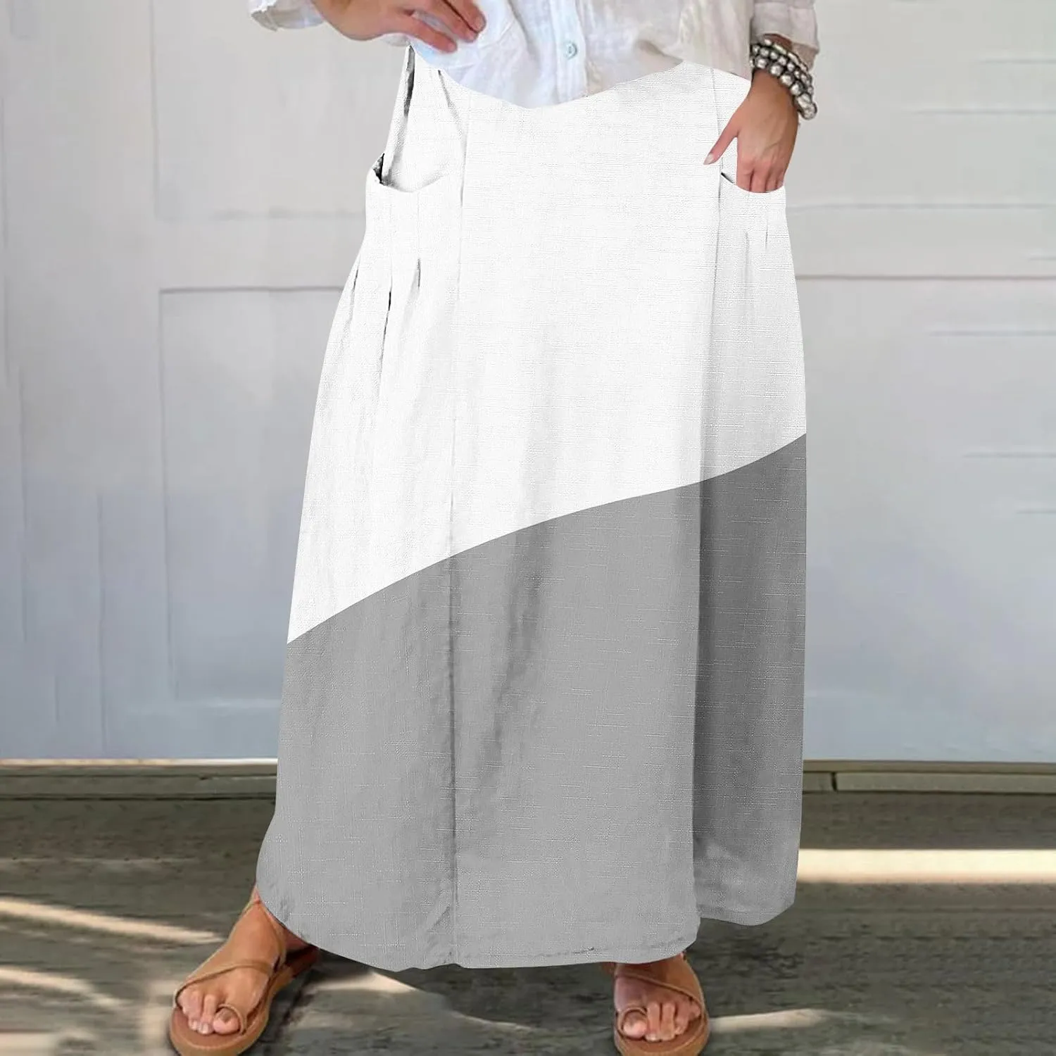 Women Gradient Skirts Elastic Waist Color Block Casual Skirt Loose Flowy Long Skirts Summer Beach Skirt with Pocket
