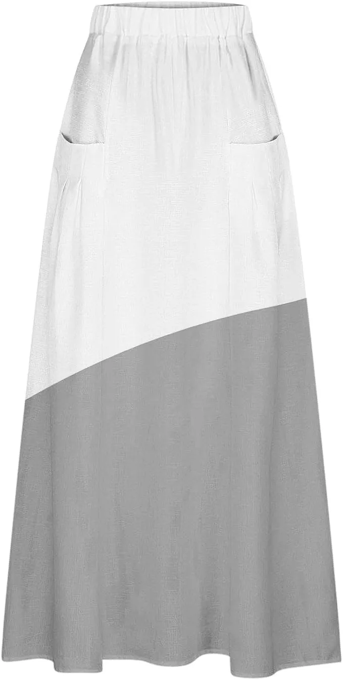 Women Gradient Skirts Elastic Waist Color Block Casual Skirt Loose Flowy Long Skirts Summer Beach Skirt with Pocket