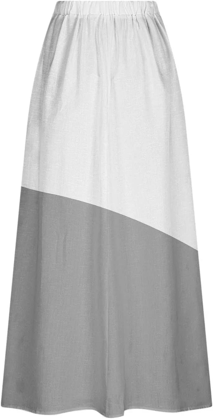 Women Gradient Skirts Elastic Waist Color Block Casual Skirt Loose Flowy Long Skirts Summer Beach Skirt with Pocket