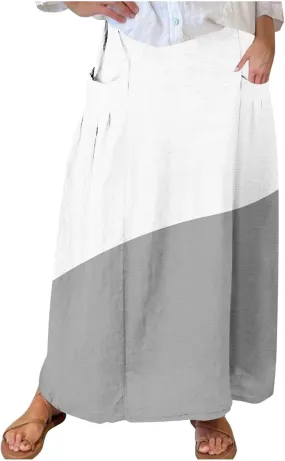 Women Gradient Skirts Elastic Waist Color Block Casual Skirt Loose Flowy Long Skirts Summer Beach Skirt with Pocket
