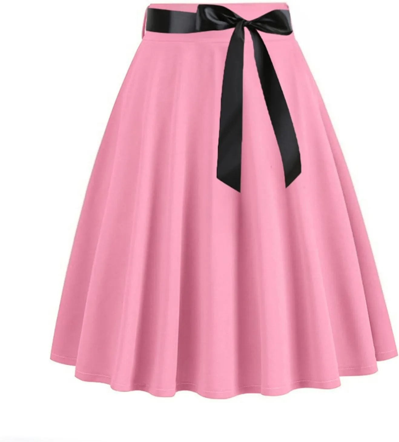 Women Vintage Pleated Skirts Plain Elegant Half Dress Hepburn Style A-Line Midi Skirts with Waist Bowknot