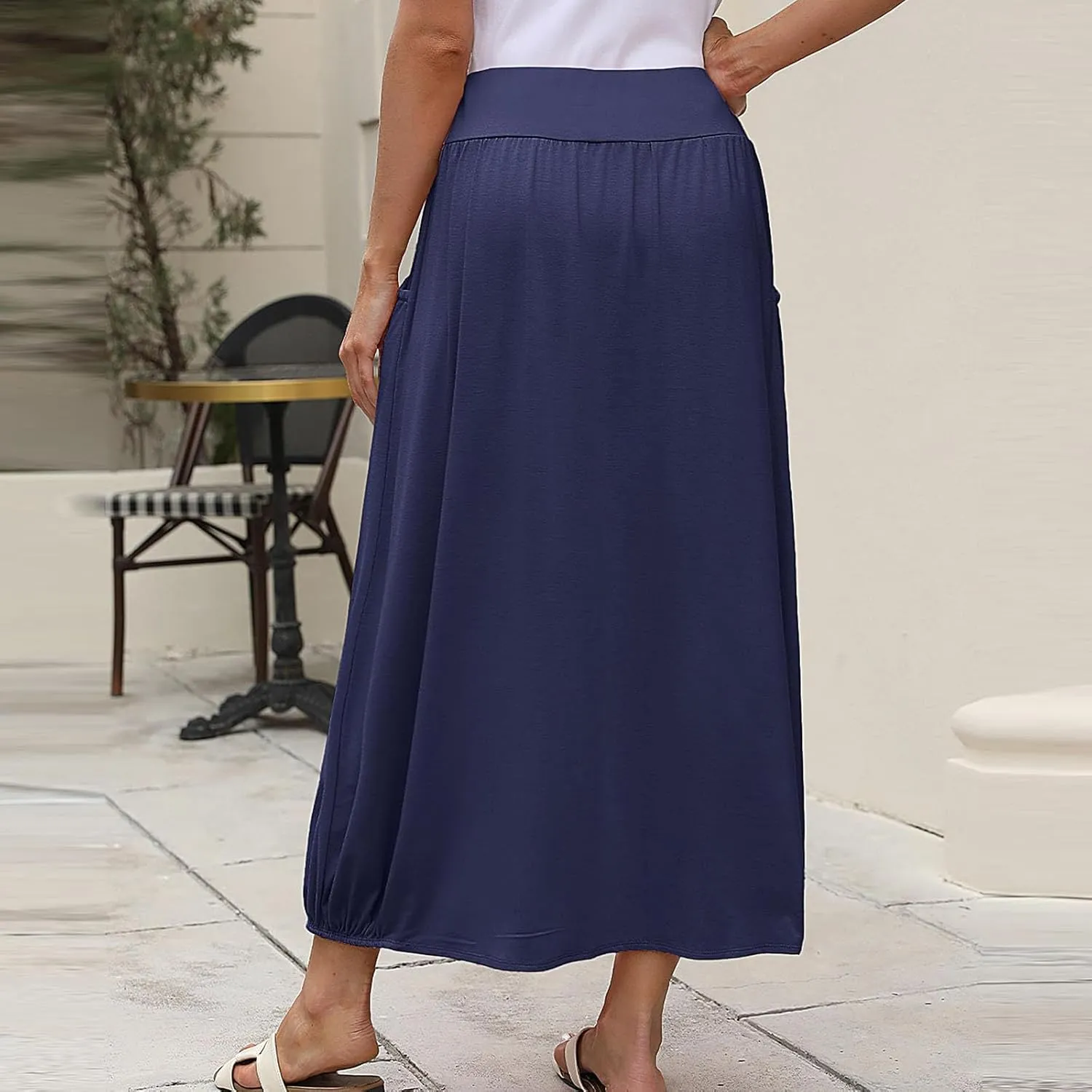 Womens Casual Maxi Skirts Trendy Elastic Waist Loose Long Skirt with Pocket Summer Solid Beach Vacation Outfits 2025