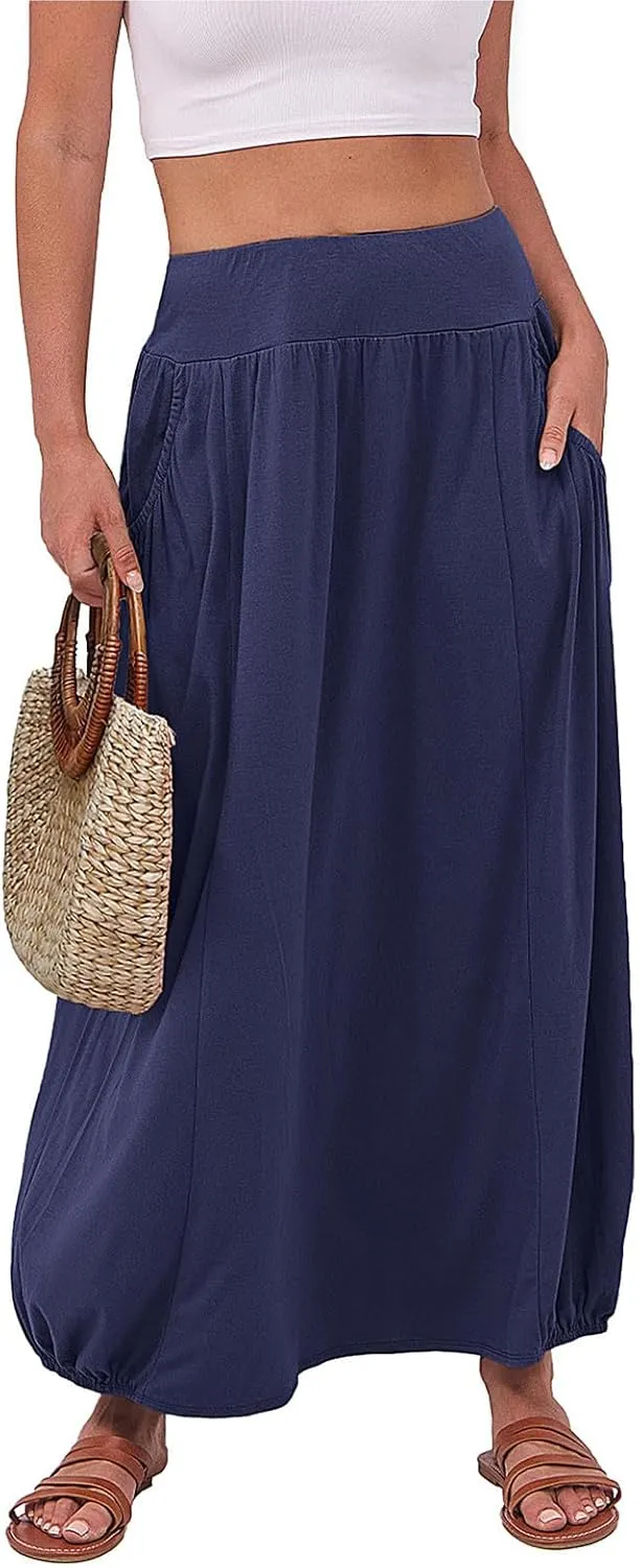 Womens Casual Maxi Skirts Trendy Elastic Waist Loose Long Skirt with Pocket Summer Solid Beach Vacation Outfits 2025
