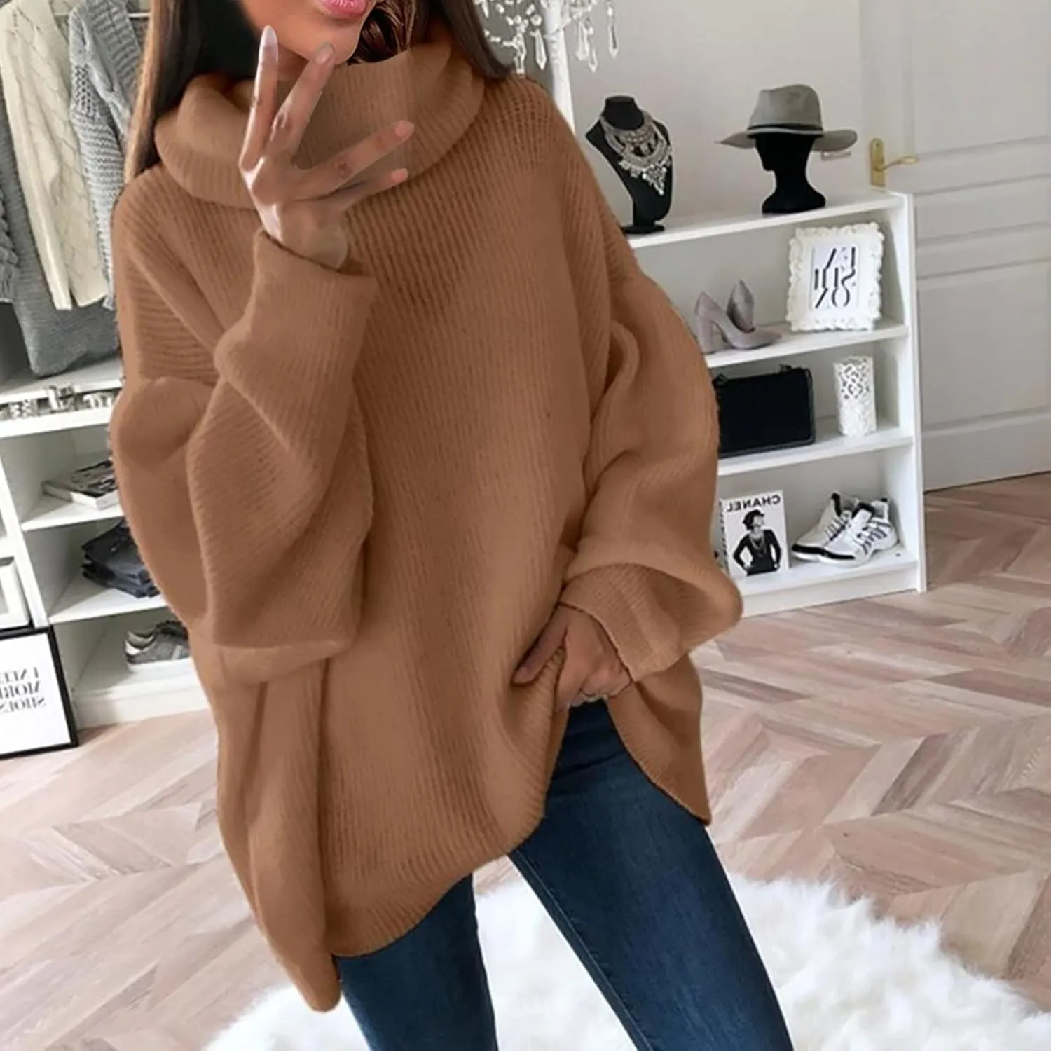 Womens Fall Oversized Sweaters 2023 Fashion Chic Turtleneck Batwing Long Sleeve Jumper Tops Soft Knitted Pullover