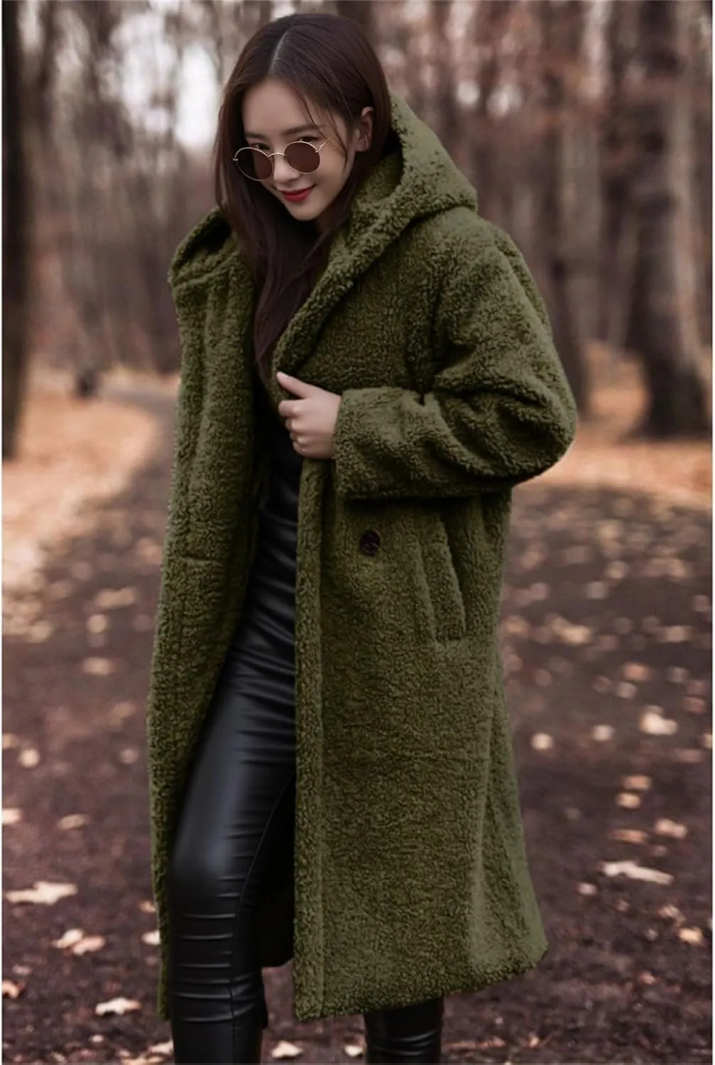 Womens Faux Fur Coat Winter Fuzzy Fleece Hooded Jacket Casual Loose Warm Button Down Sherpa Overcoat