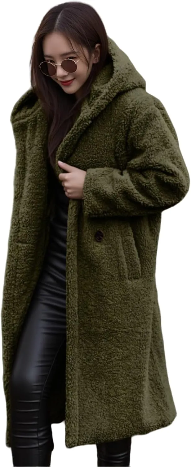 Womens Faux Fur Coat Winter Fuzzy Fleece Hooded Jacket Casual Loose Warm Button Down Sherpa Overcoat