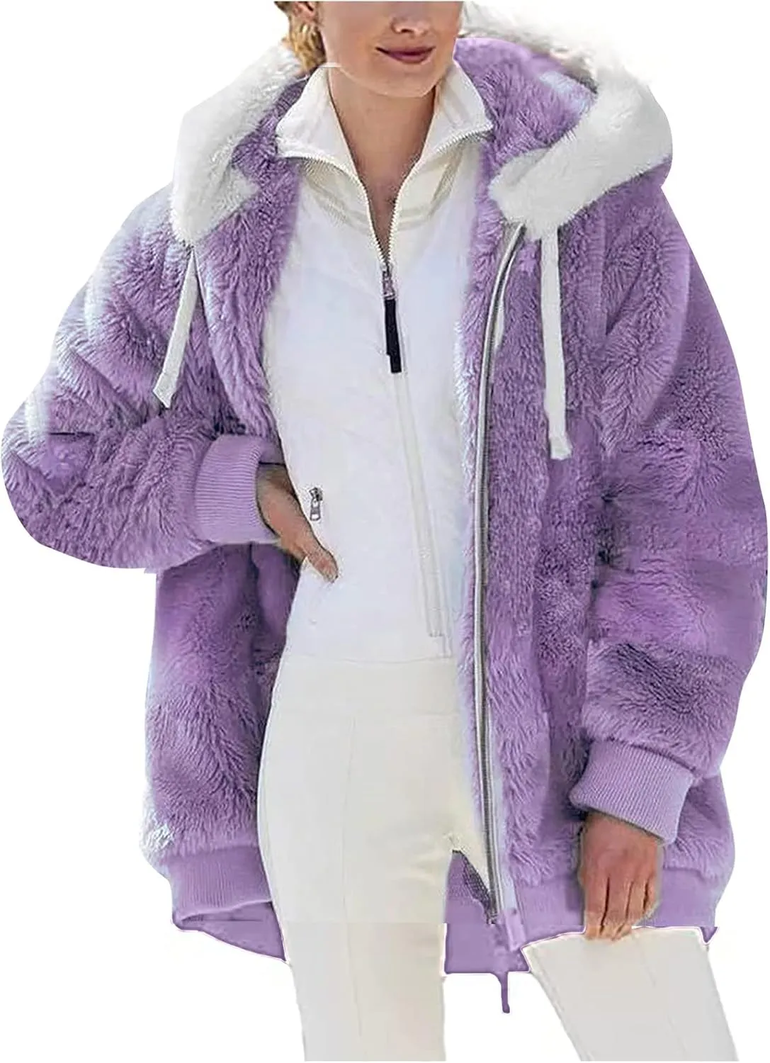 Womens Fleece Jackets Casual Fall Winter Coats Thick Shaggy Fuzzy Zip Up Hoodies Solid Warm Outwear with Pockets