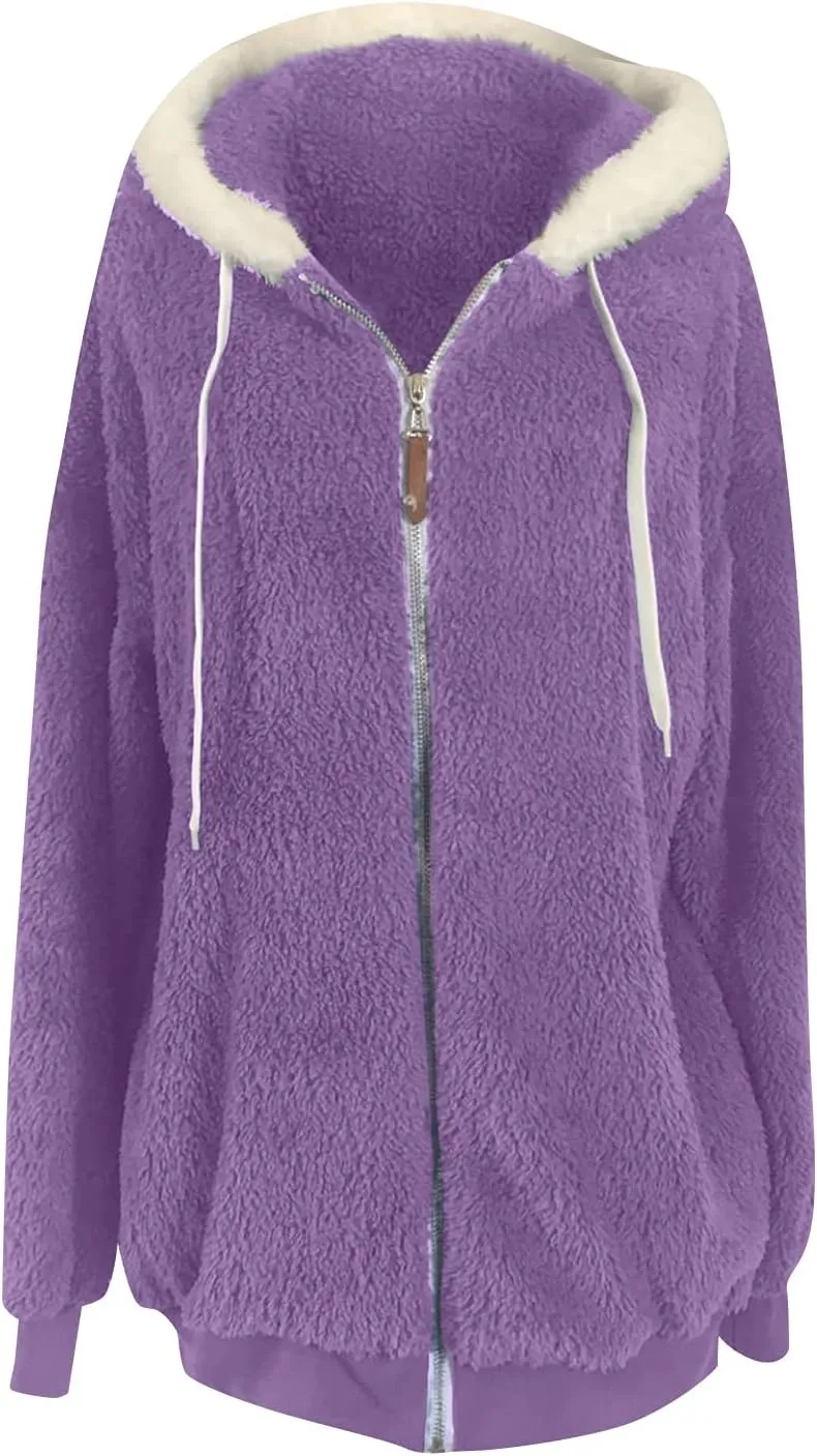 Womens Fleece Jackets Casual Fall Winter Coats Thick Shaggy Fuzzy Zip Up Hoodies Solid Warm Outwear with Pockets