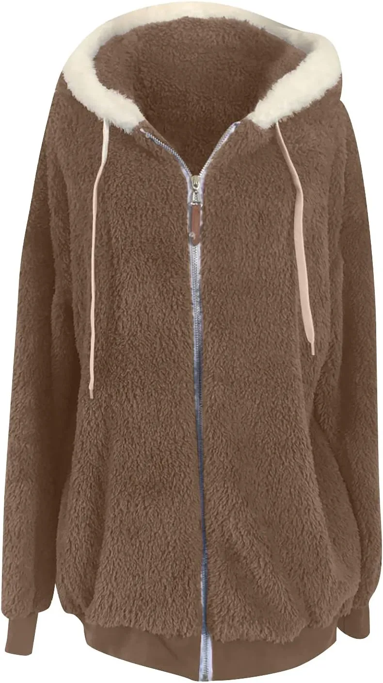 Womens Fleece Jackets Casual Fall Winter Coats Thick Shaggy Fuzzy Zip Up Hoodies Solid Warm Outwear with Pockets