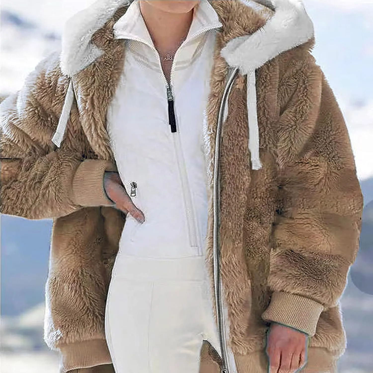 Womens Fleece Jackets Casual Fall Winter Coats Thick Shaggy Fuzzy Zip Up Hoodies Solid Warm Outwear with Pockets