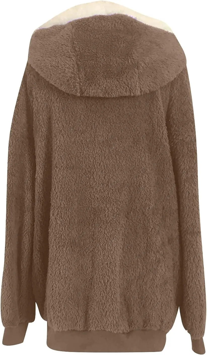 Womens Fleece Jackets Casual Fall Winter Coats Thick Shaggy Fuzzy Zip Up Hoodies Solid Warm Outwear with Pockets