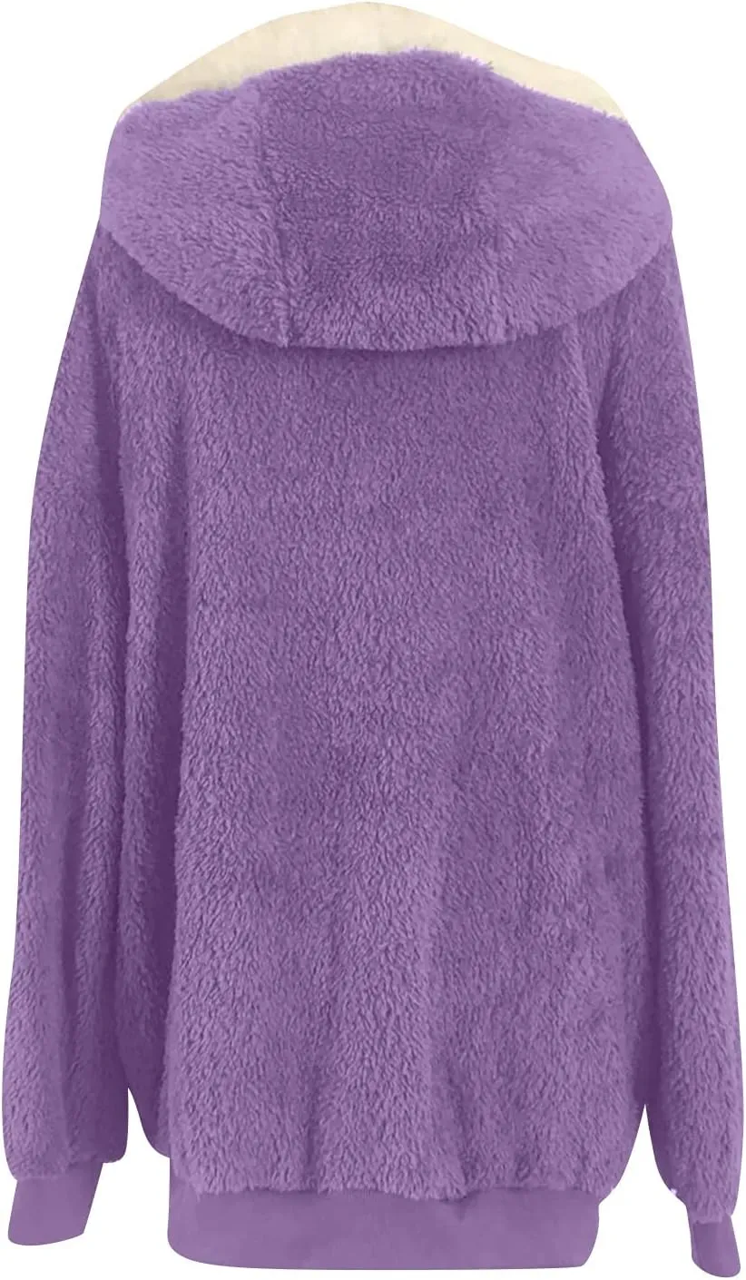 Womens Fleece Jackets Casual Fall Winter Coats Thick Shaggy Fuzzy Zip Up Hoodies Solid Warm Outwear with Pockets