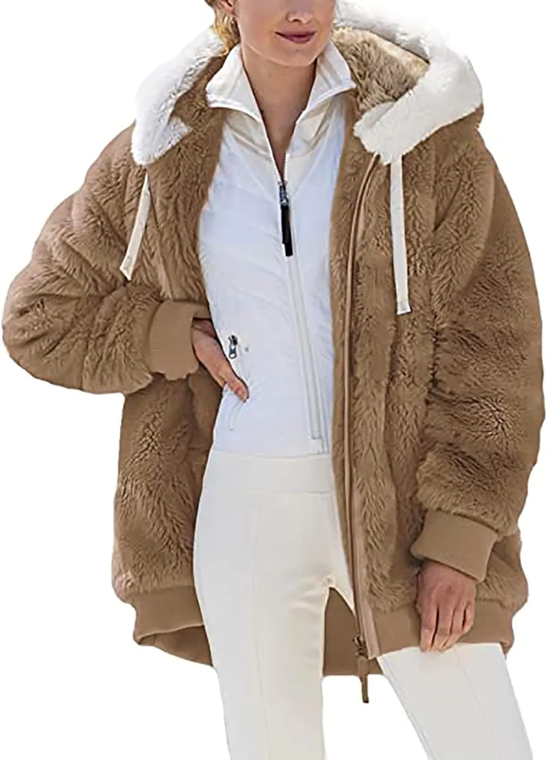 Womens Fleece Jackets Casual Fall Winter Coats Thick Shaggy Fuzzy Zip Up Hoodies Solid Warm Outwear with Pockets