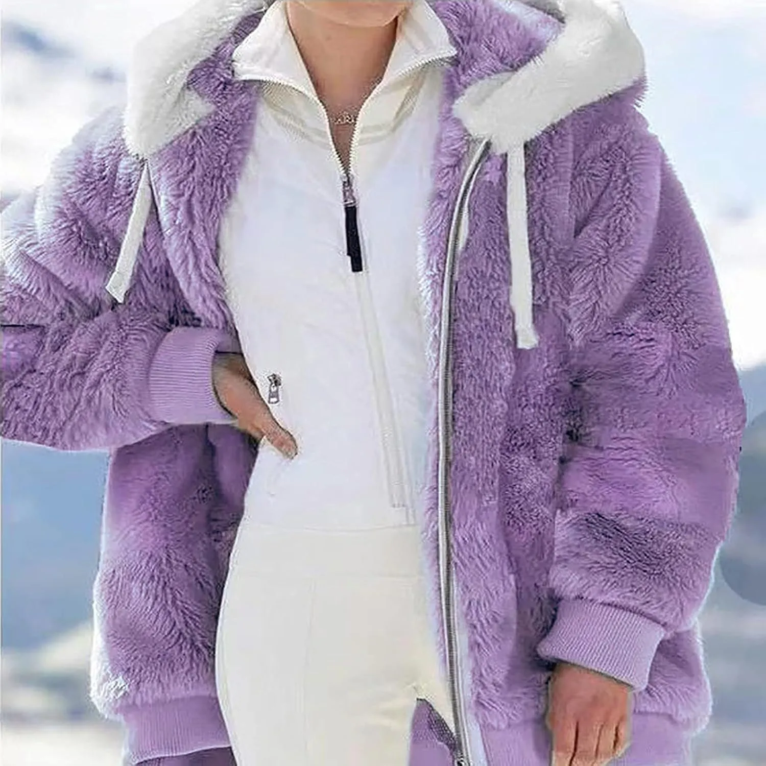Womens Fleece Jackets Casual Fall Winter Coats Thick Shaggy Fuzzy Zip Up Hoodies Solid Warm Outwear with Pockets