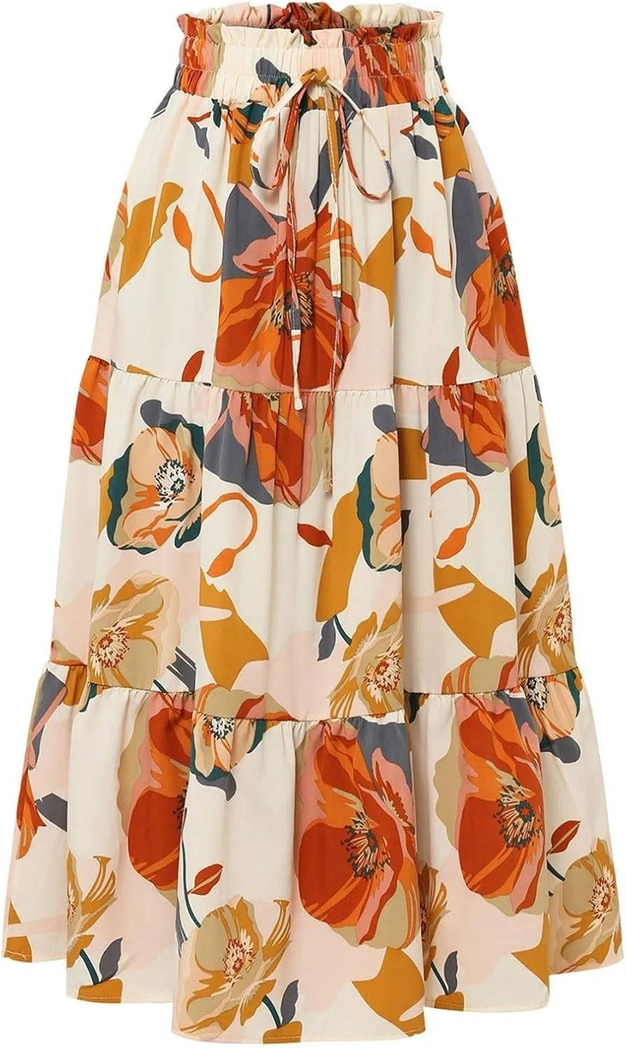 Womens Floral Maxi Skirts 2025 Summer Boho Ruffle Long Skirts for Women Women's A-Line Midi Skirt Flowy Dresses