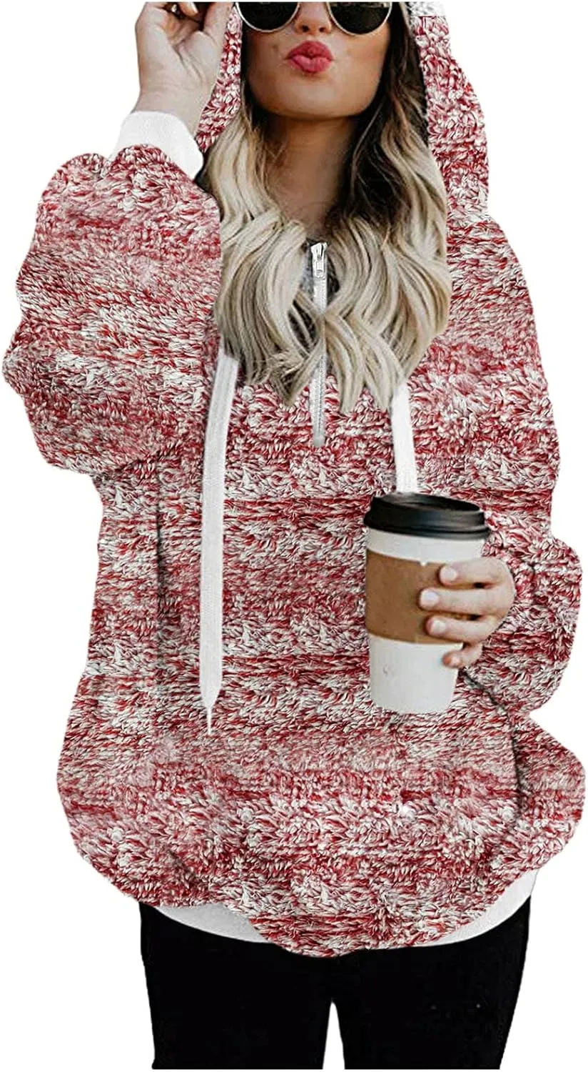 Womens Fuzzy Fleece Sweatshirts with Pockets 2023 Warm Winter Hoodie Warm Sherpa Pullover Outwear Long Sleeve Pullover