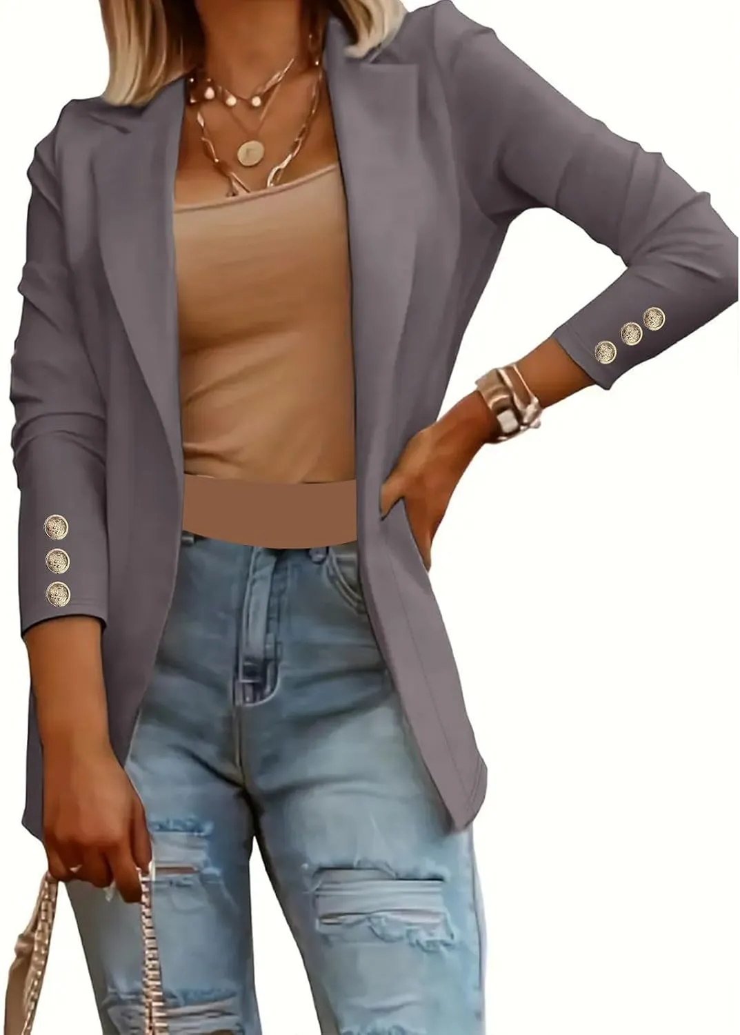 Womens Long Sleeve Blazers Dressy Lapel Open Front Blazer Casual Solid Color Lightweight Suit Jacket with Buttons