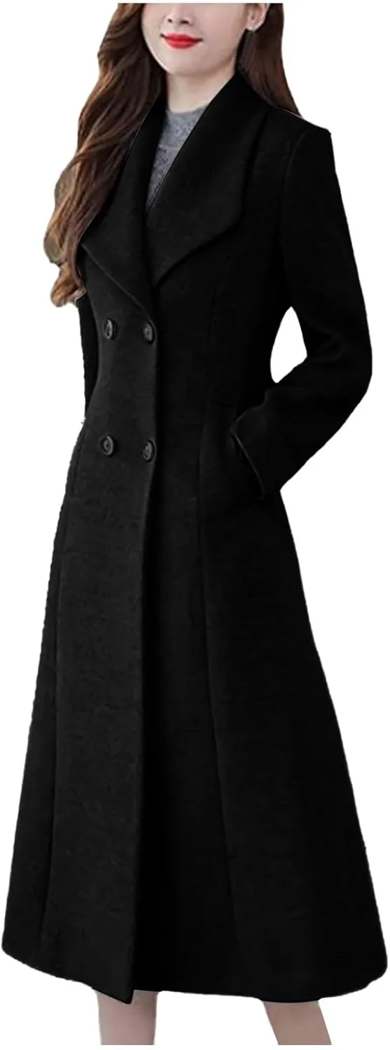 Women's Pea Coat Double Breasted Long Overcoat Plus Size Turndown Collar Winter Coats Trench Coats with Pockets