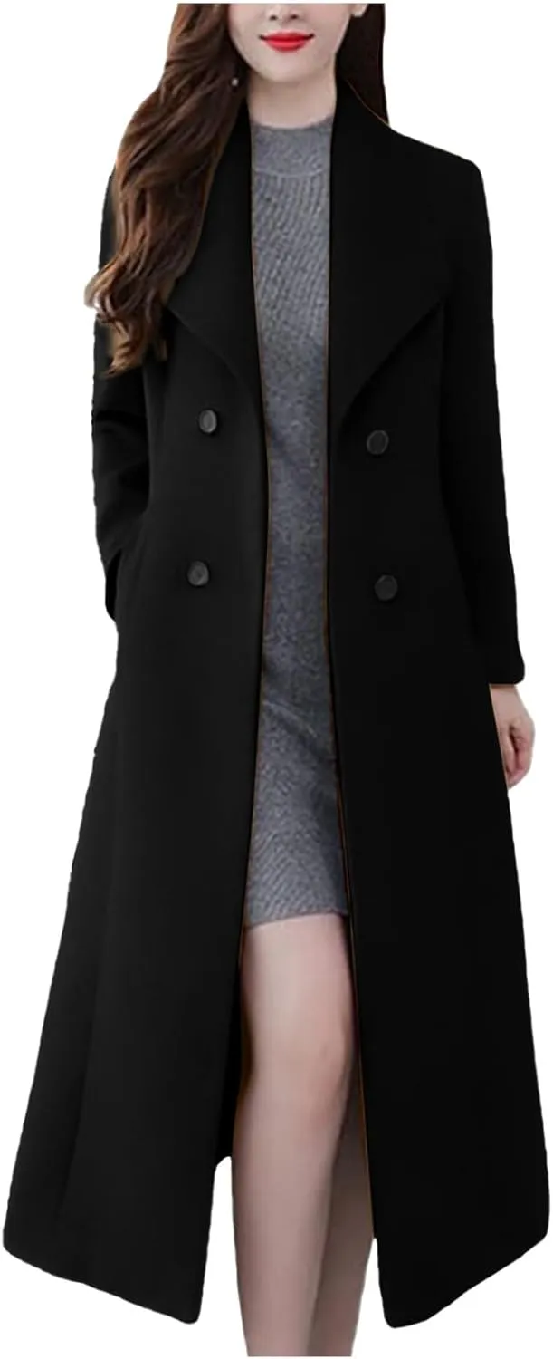 Women's Pea Coat Double Breasted Long Overcoat Plus Size Turndown Collar Winter Coats Trench Coats with Pockets