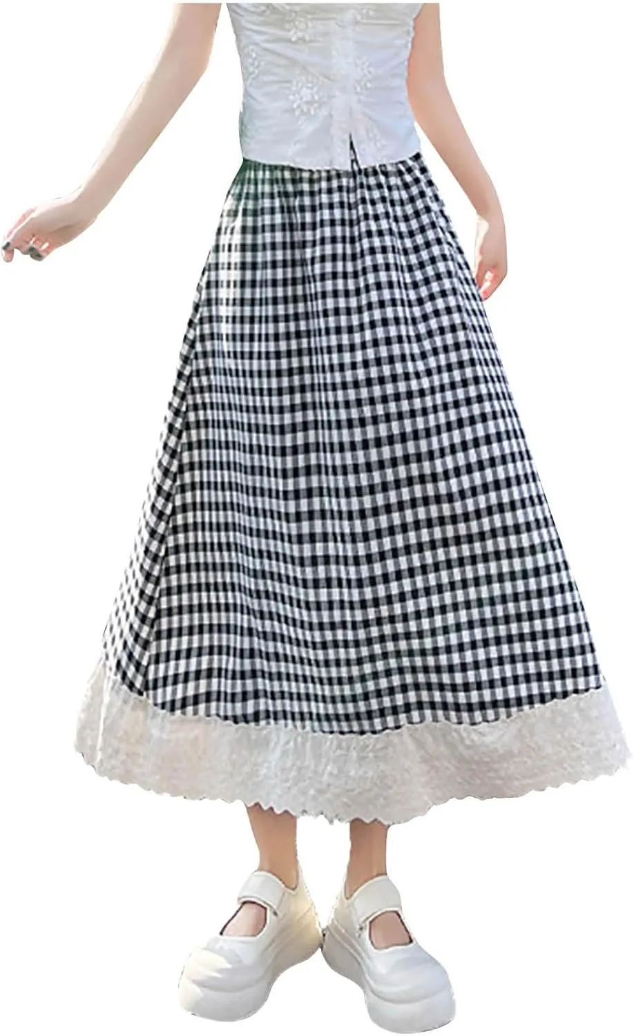 Women's Plaid Midi Skirt Summer Fashion Lace Trim Eyelet Patchwork Skirts Casual Loose Fit Tiered Layer A Line Skirt