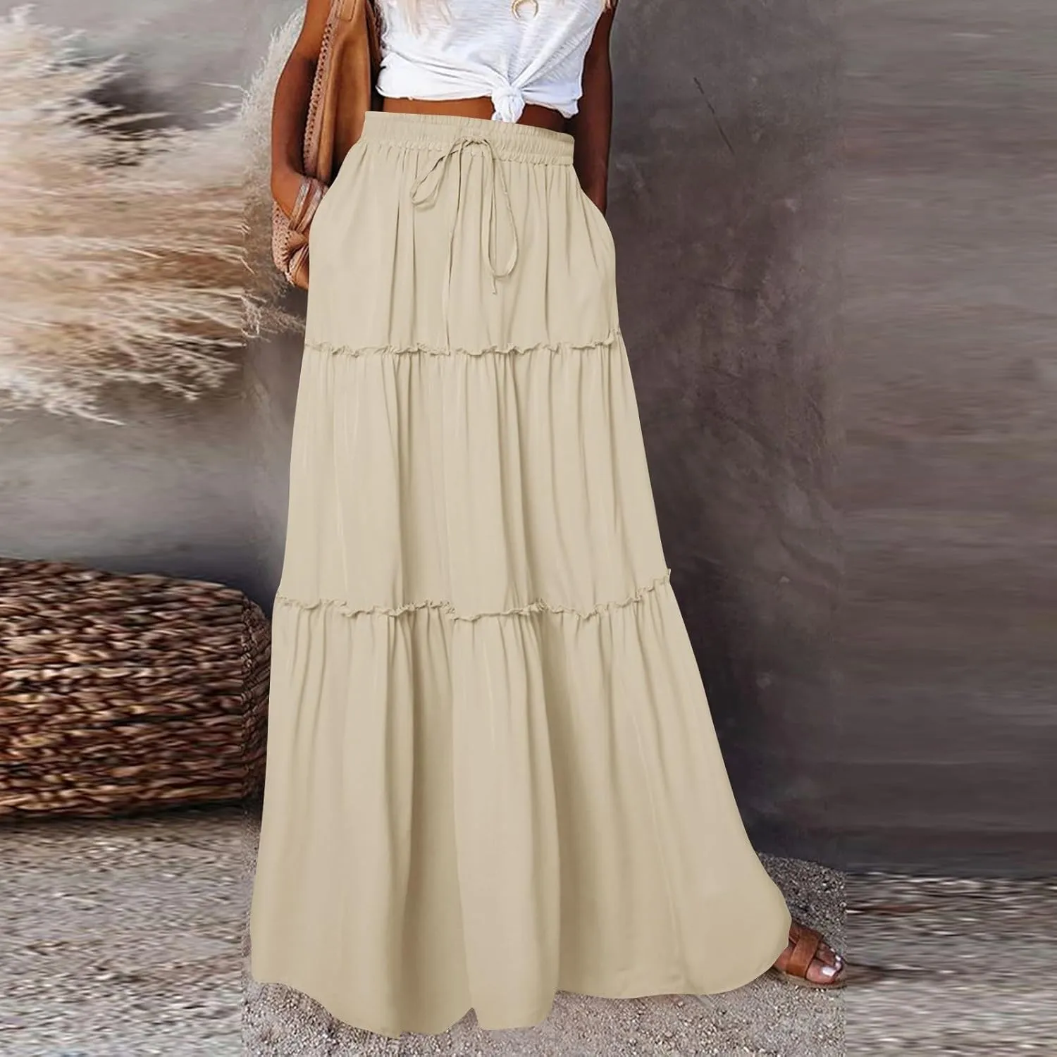 Women's Skirts Casual Summer Elastic High Waisted Flowy A Line Long Skirts Trendy Pleated Plus Size Maxi Skirts with Pockets