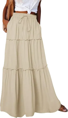 Women's Skirts Casual Summer Elastic High Waisted Flowy A Line Long Skirts Trendy Pleated Plus Size Maxi Skirts with Pockets