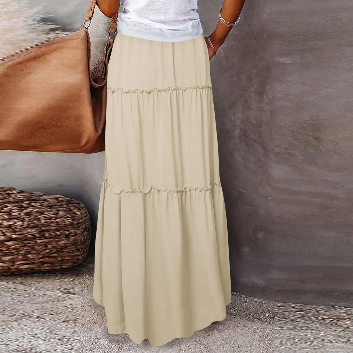 Women's Skirts Casual Summer Elastic High Waisted Flowy A Line Long Skirts Trendy Pleated Plus Size Maxi Skirts with Pockets