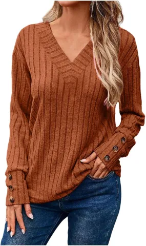 Womens Soft Long Sleeve V Neck Shirts Knitted Pullover Tunics Tops Casual Fall Lightweight Cozy Sweaters 2024