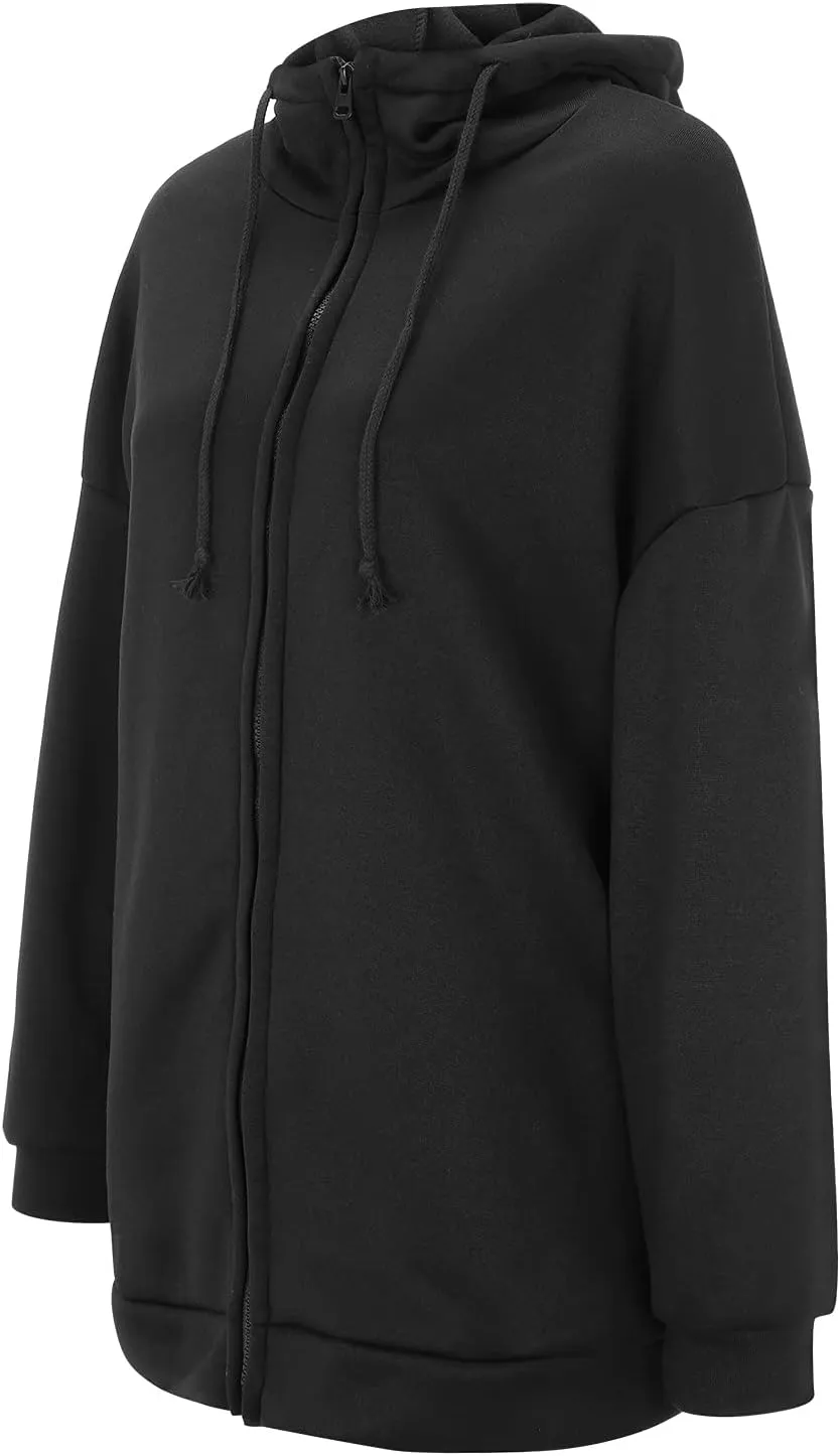 Women's Warm Hooded Coat Plus Size Zipper Fleece Sweatshirt Winter Solid Long Sleeve Baggy Mid-Length Jacket Pocket