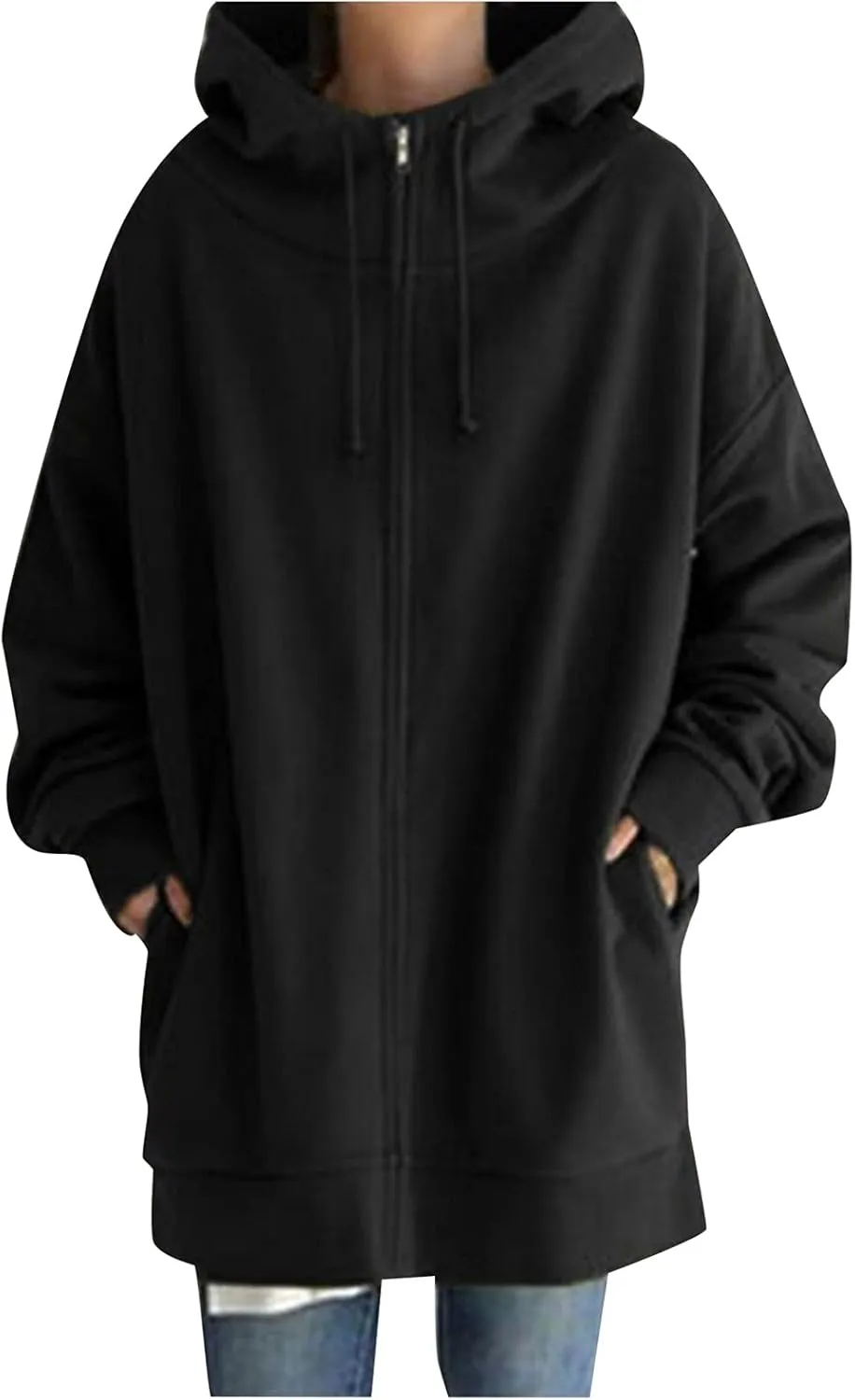 Women's Warm Hooded Coat Plus Size Zipper Fleece Sweatshirt Winter Solid Long Sleeve Baggy Mid-Length Jacket Pocket