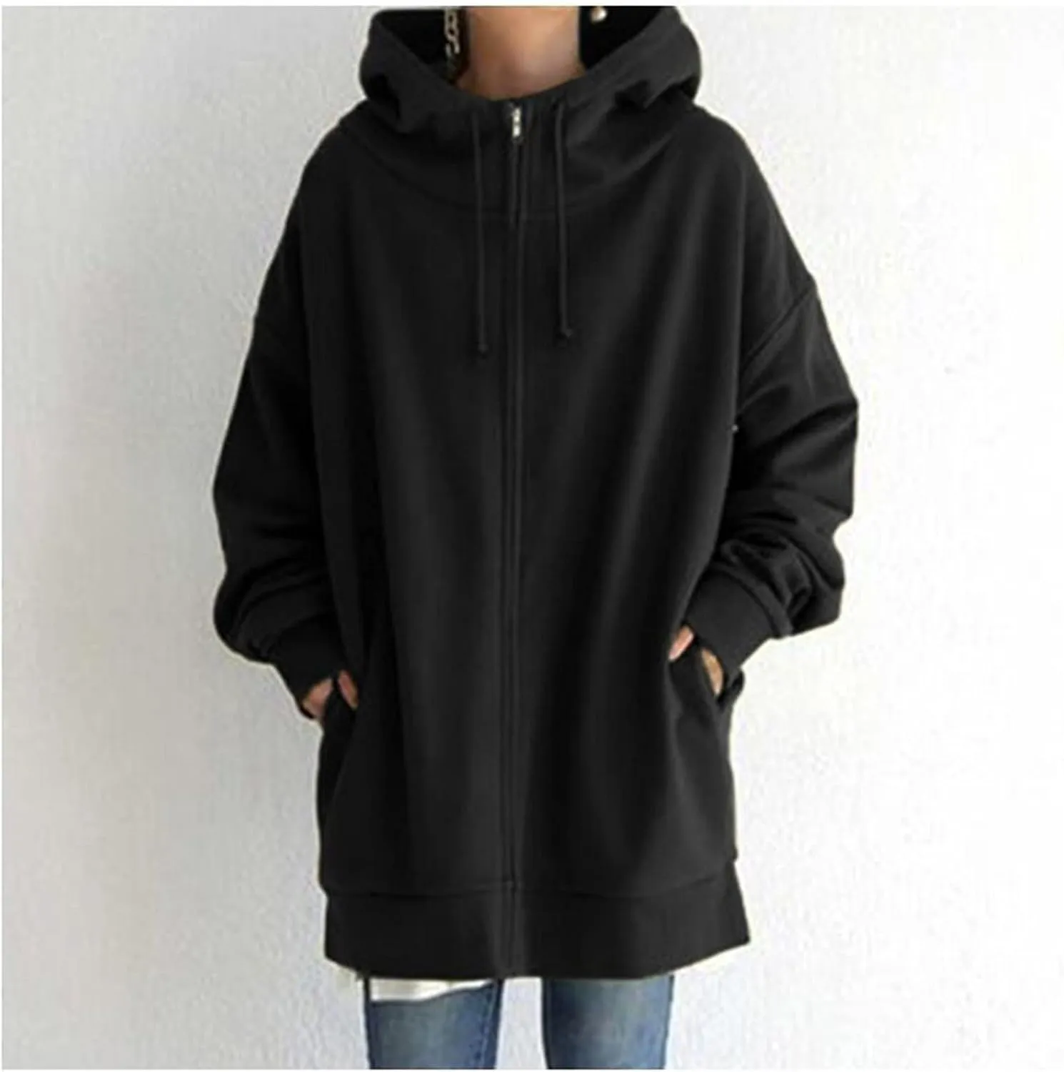 Women's Warm Hooded Coat Plus Size Zipper Fleece Sweatshirt Winter Solid Long Sleeve Baggy Mid-Length Jacket Pocket