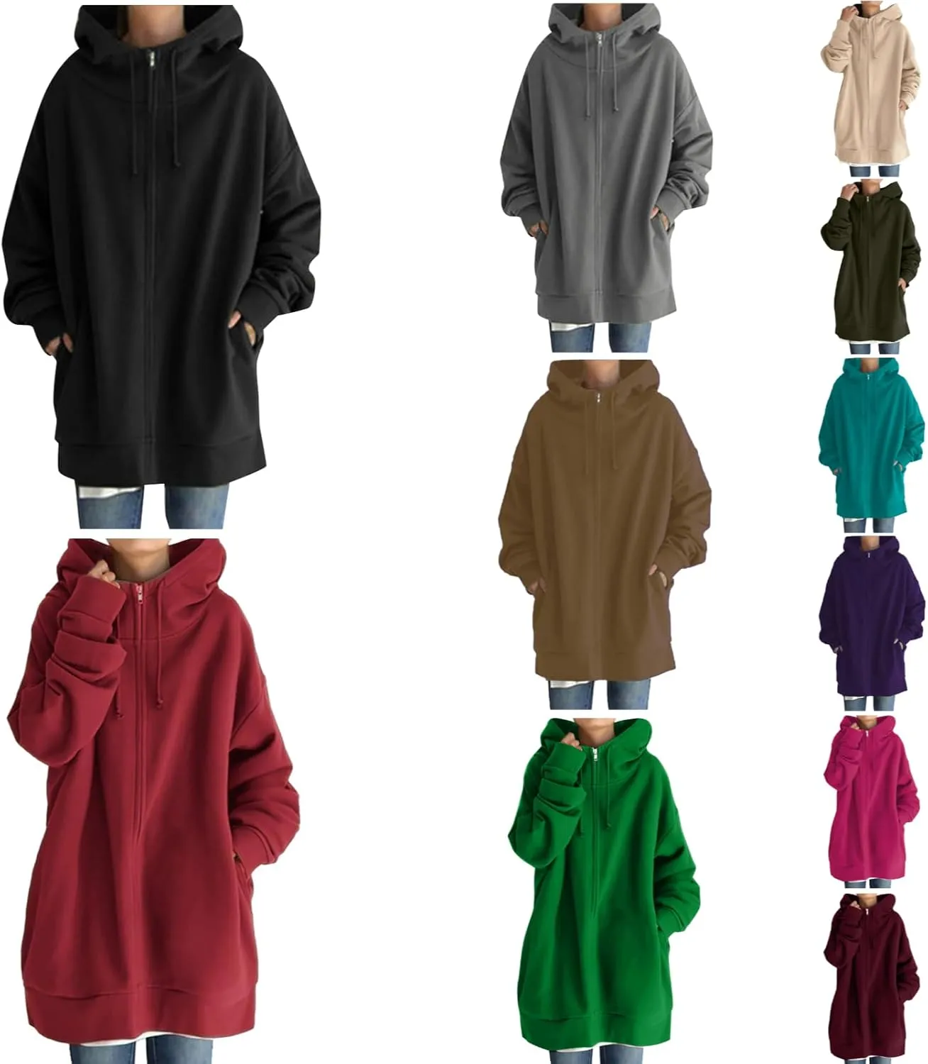 Women's Warm Hooded Coat Plus Size Zipper Fleece Sweatshirt Winter Solid Long Sleeve Baggy Mid-Length Jacket Pocket