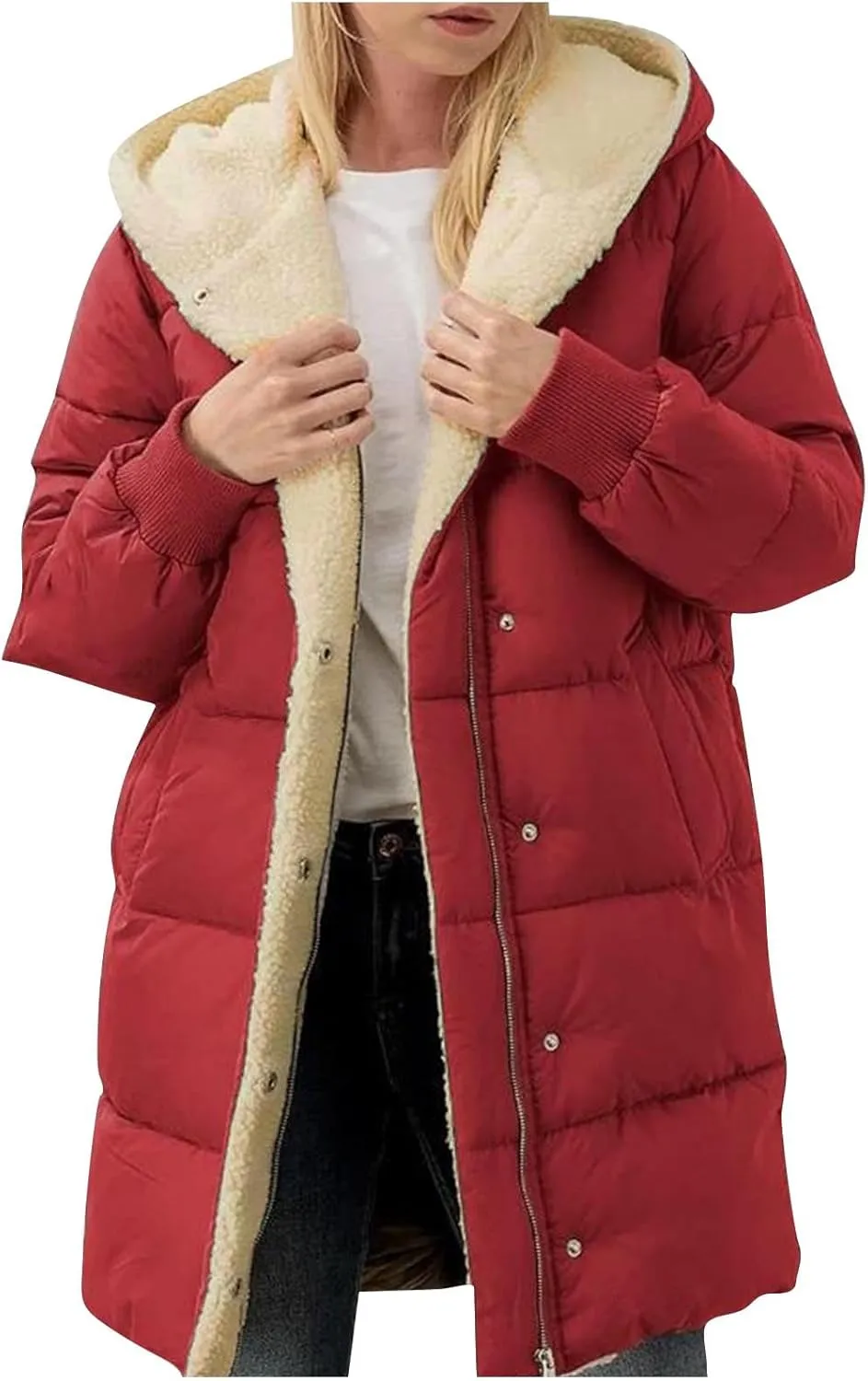 Womens Winter Warm Coats Sherpa Fleece Lined Jacket Puffer Jacket Thicken Down Jacket Warm Cotton Long Hooded Jackets