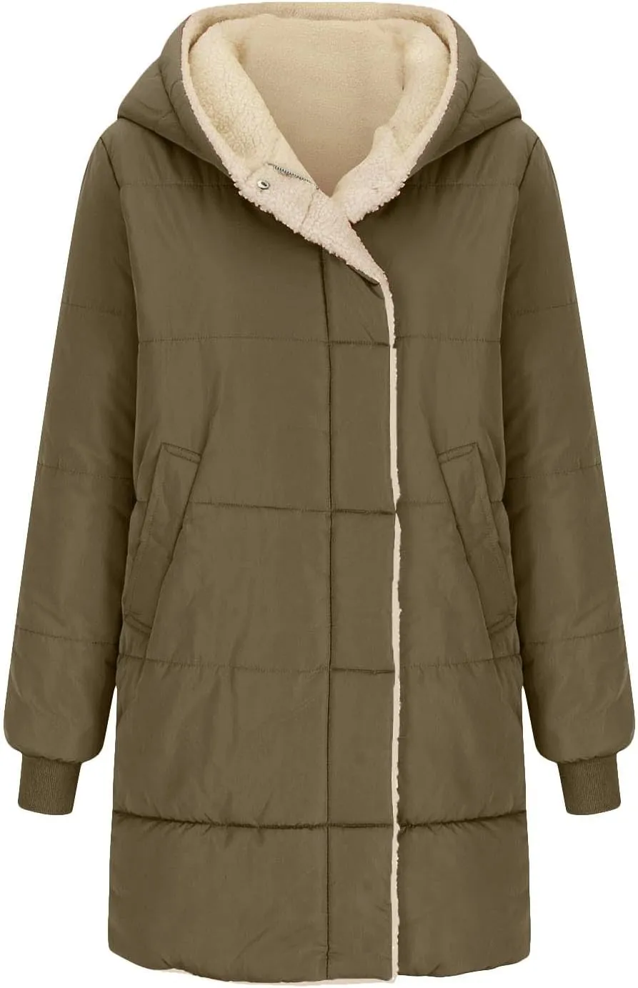 Womens Winter Warm Coats Sherpa Fleece Lined Jacket Puffer Jacket Thicken Down Jacket Warm Cotton Long Hooded Jackets