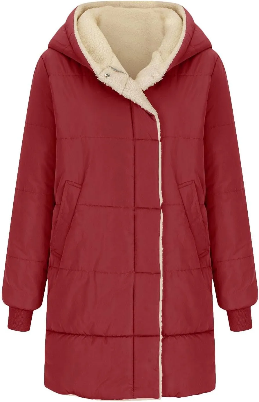 Womens Winter Warm Coats Sherpa Fleece Lined Jacket Puffer Jacket Thicken Down Jacket Warm Cotton Long Hooded Jackets