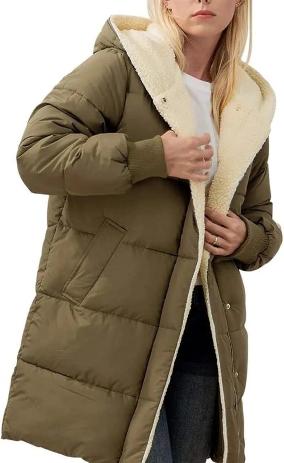 Womens Winter Warm Coats Sherpa Fleece Lined Jacket Puffer Jacket Thicken Down Jacket Warm Cotton Long Hooded Jackets