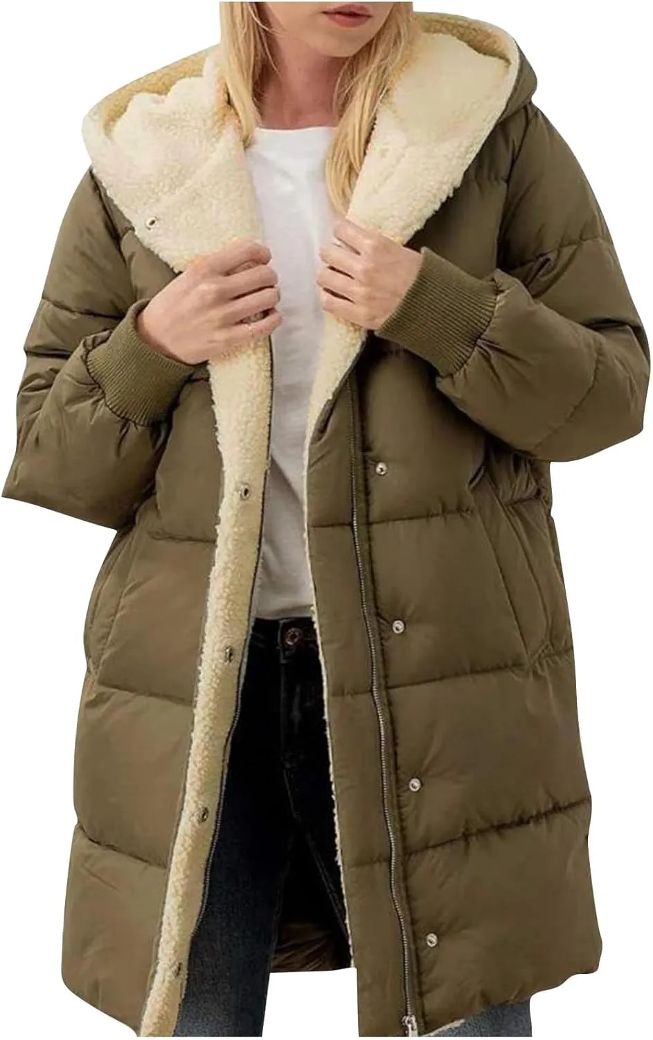 Womens Winter Warm Coats Sherpa Fleece Lined Jacket Puffer Jacket Thicken Down Jacket Warm Cotton Long Hooded Jackets