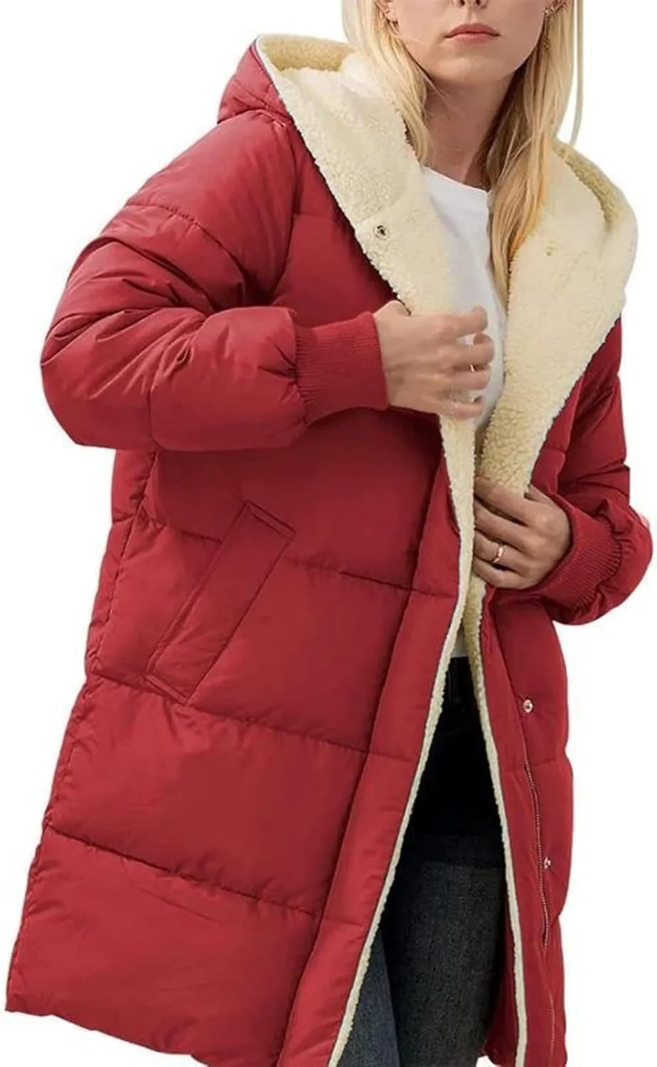 Womens Winter Warm Coats Sherpa Fleece Lined Jacket Puffer Jacket Thicken Down Jacket Warm Cotton Long Hooded Jackets
