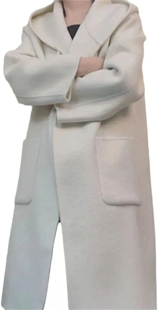 Women's Wool Trench Coat Horn Buttons Loose Hooded Pea Coat Long Sleeve Solid Overcoat