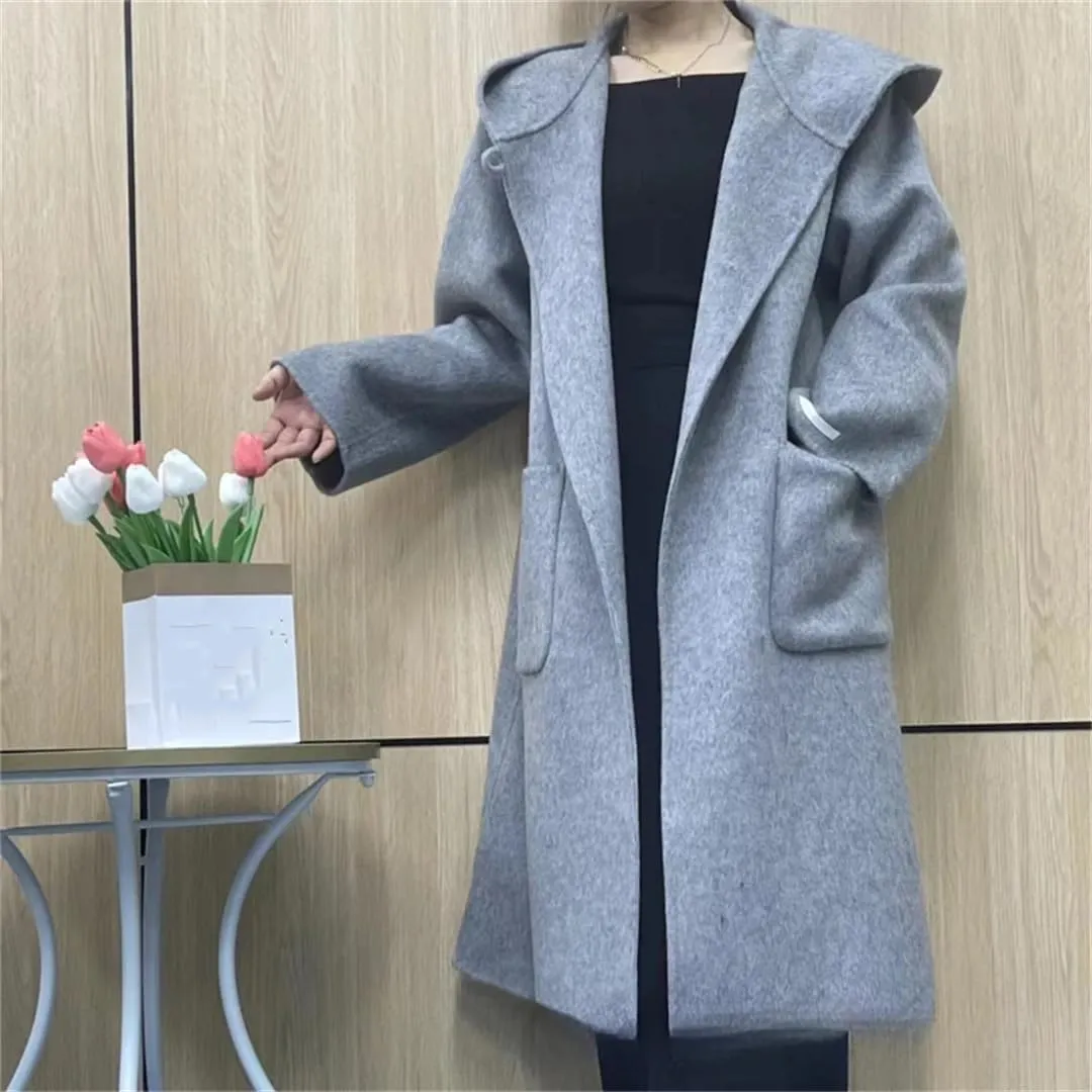 Women's Wool Trench Coat Horn Buttons Loose Hooded Pea Coat Long Sleeve Solid Overcoat