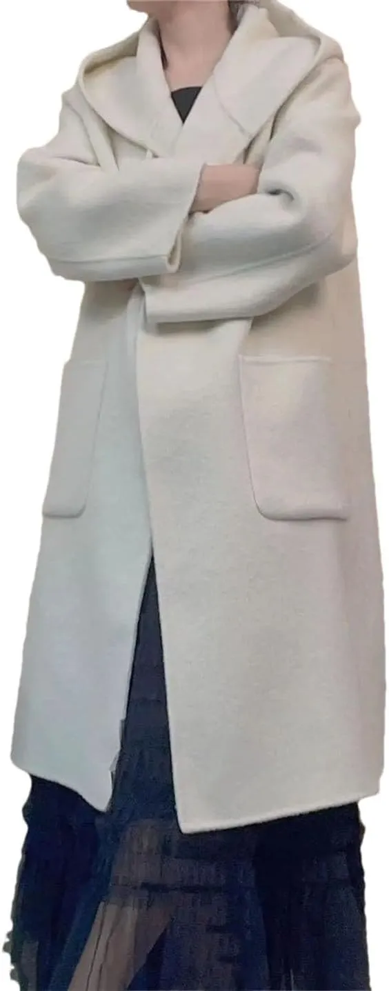 Women's Wool Trench Coat Horn Buttons Loose Hooded Pea Coat Long Sleeve Solid Overcoat
