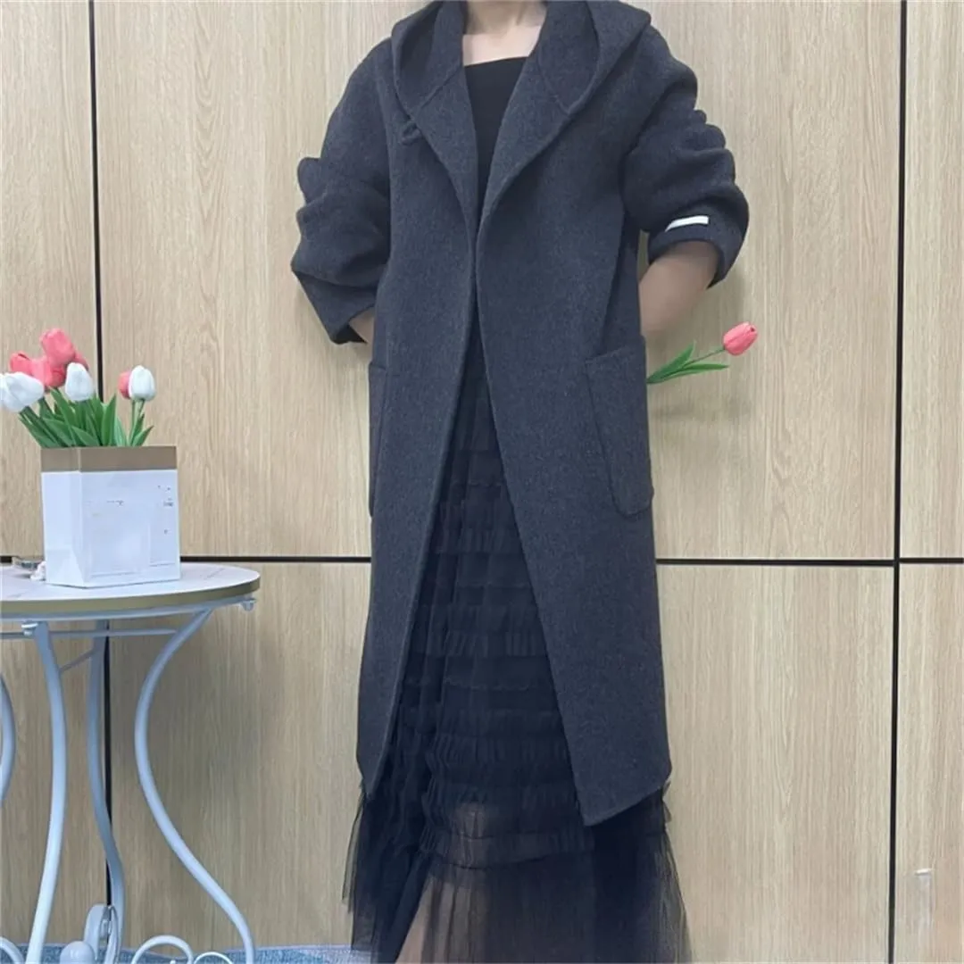 Women's Wool Trench Coat Horn Buttons Loose Hooded Pea Coat Long Sleeve Solid Overcoat