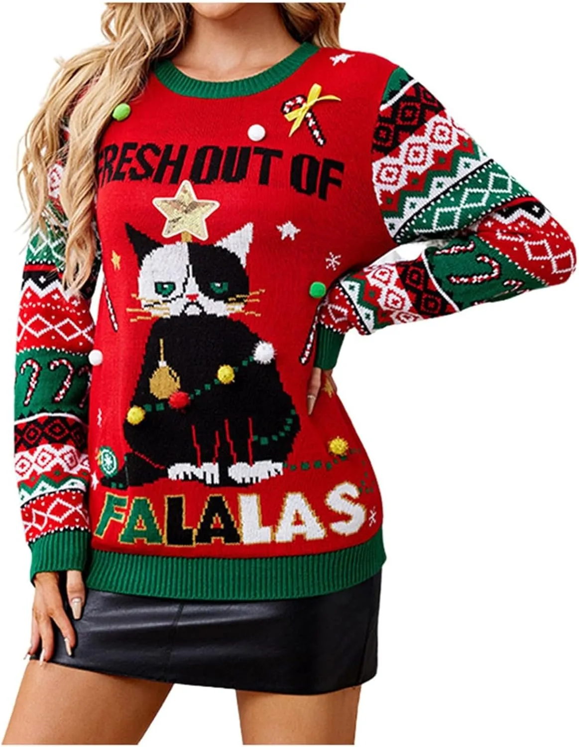 WYTong Christmas Sweaters Womens Christmas Tree Printed Sweatshirt Crew Neck Soft Warm Pullover Tops Funnny Xmas Sweater