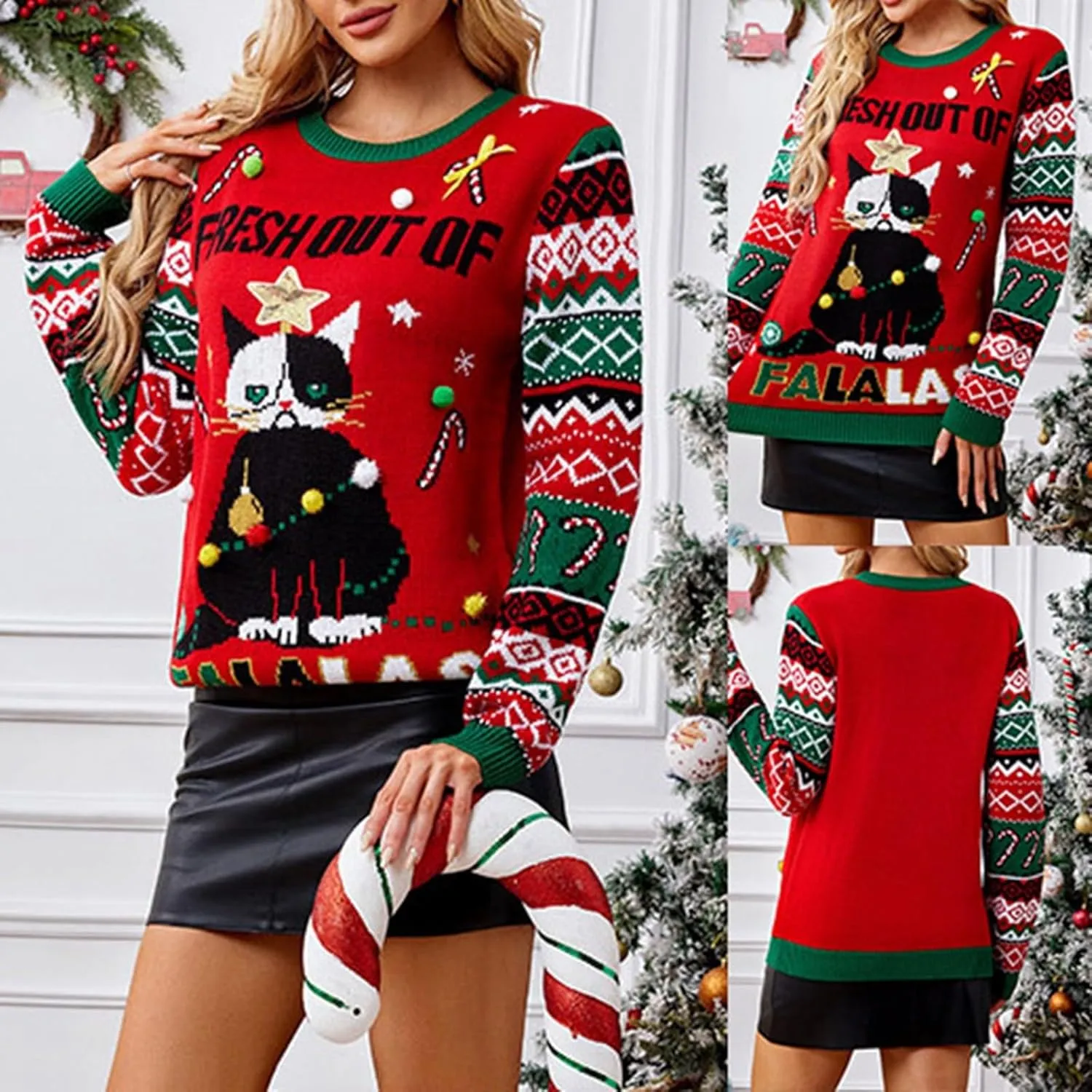 WYTong Christmas Sweaters Womens Christmas Tree Printed Sweatshirt Crew Neck Soft Warm Pullover Tops Funnny Xmas Sweater