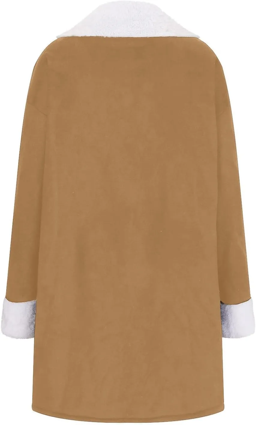 XUNRYAN Womens Trench Coats Long Sherpa Fleece Suede Jacket Notch Lapel Blazer Winter Warm Cardigan Anorak Parka Outerwear